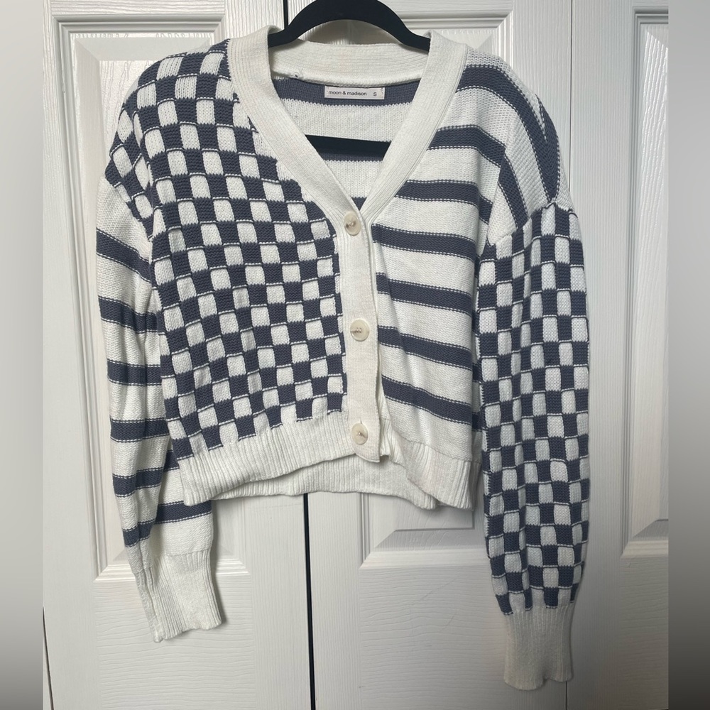 Moon & Madison Navy and White Checkered Cardigan